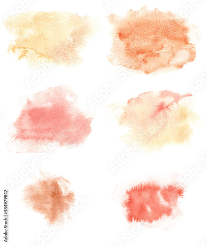 Obraz na płótnie Watercolor stain splashes isolated on white. Red orange yellow brown hand painted textures. w salonie