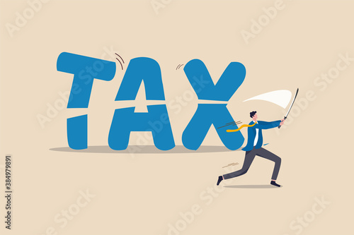 Tax cut, government policy in economic crisis or financial planning for tax reduction concept, professional businessman financial advisor or office worker using sword to slash cut the word TAX.