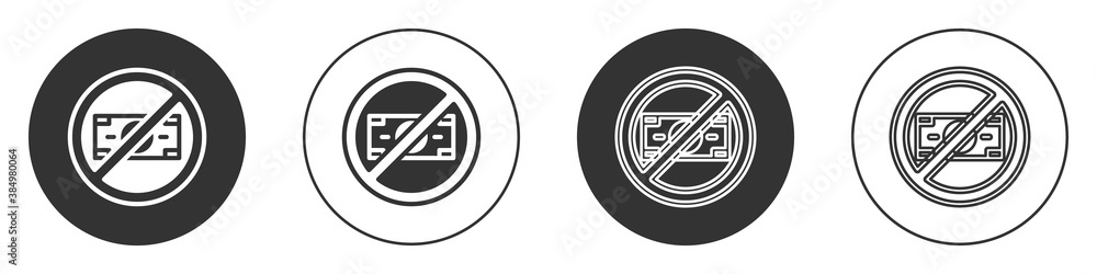 Black No money icon isolated on white background. Prohibition of money. Circle button. Vector. Black No money icon isolated on white background. Prohibition of money. Circle button. Vector.