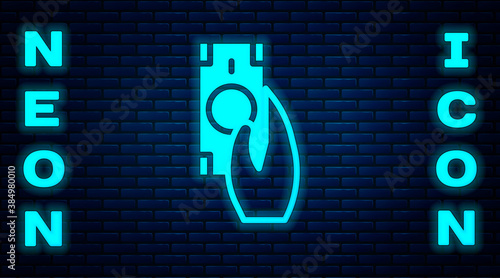 Glowing neon Fast payments icon isolated on brick wall background. Fast money transfer payment. Financial services, fast loan, time is money, cash back concept. Vector.