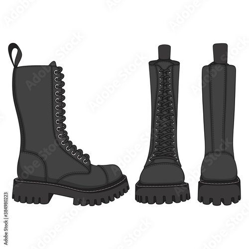 Set of color illustrations with black boots, high boots with laces. Isolated vector objects on white background.