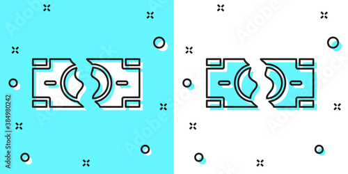 Black line Tearing apart money banknote into two peaces icon isolated on green and white background. Random dynamic shapes. Vector.