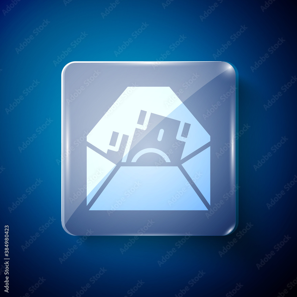 White Envelope with coin dollar symbol icon isolated on blue background. Salary increase, money payroll, compensation income. Square glass panels. Vector. White Envelope with coin dollar symbol icon isolated on blue background. Salary increase, money payroll, compensation income. Square glass panels. Vector.