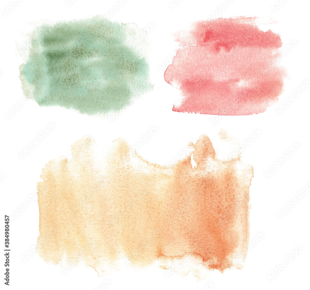Watercolor green, red, orange brush texture. Hand painted abstract grunge art paint stain.