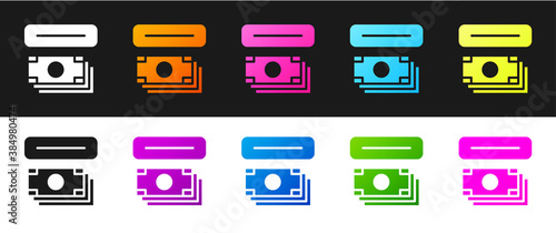 Set ATM - Automated teller machine and money icon isolated on black and white background. Vector.