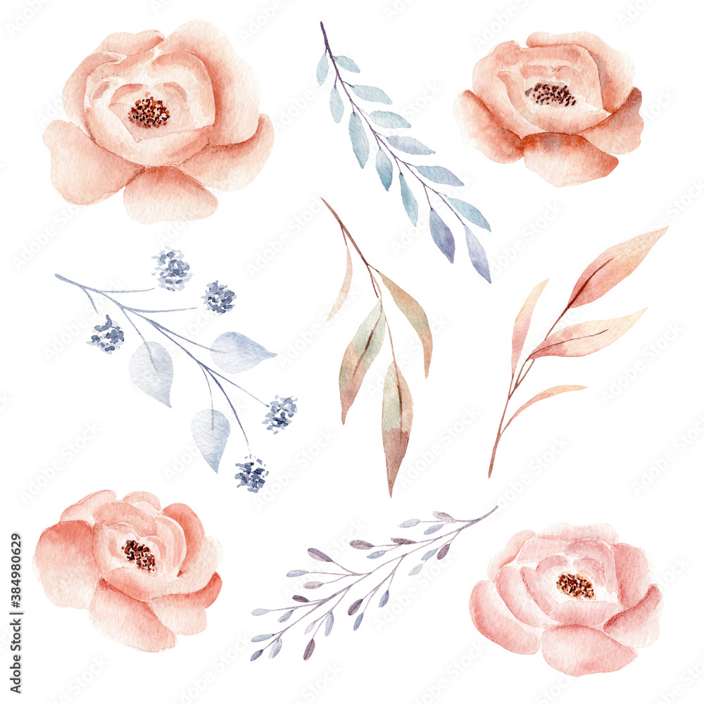 Watercolor flower and branch leaves. Fall clipart. Hand drawn design elements.