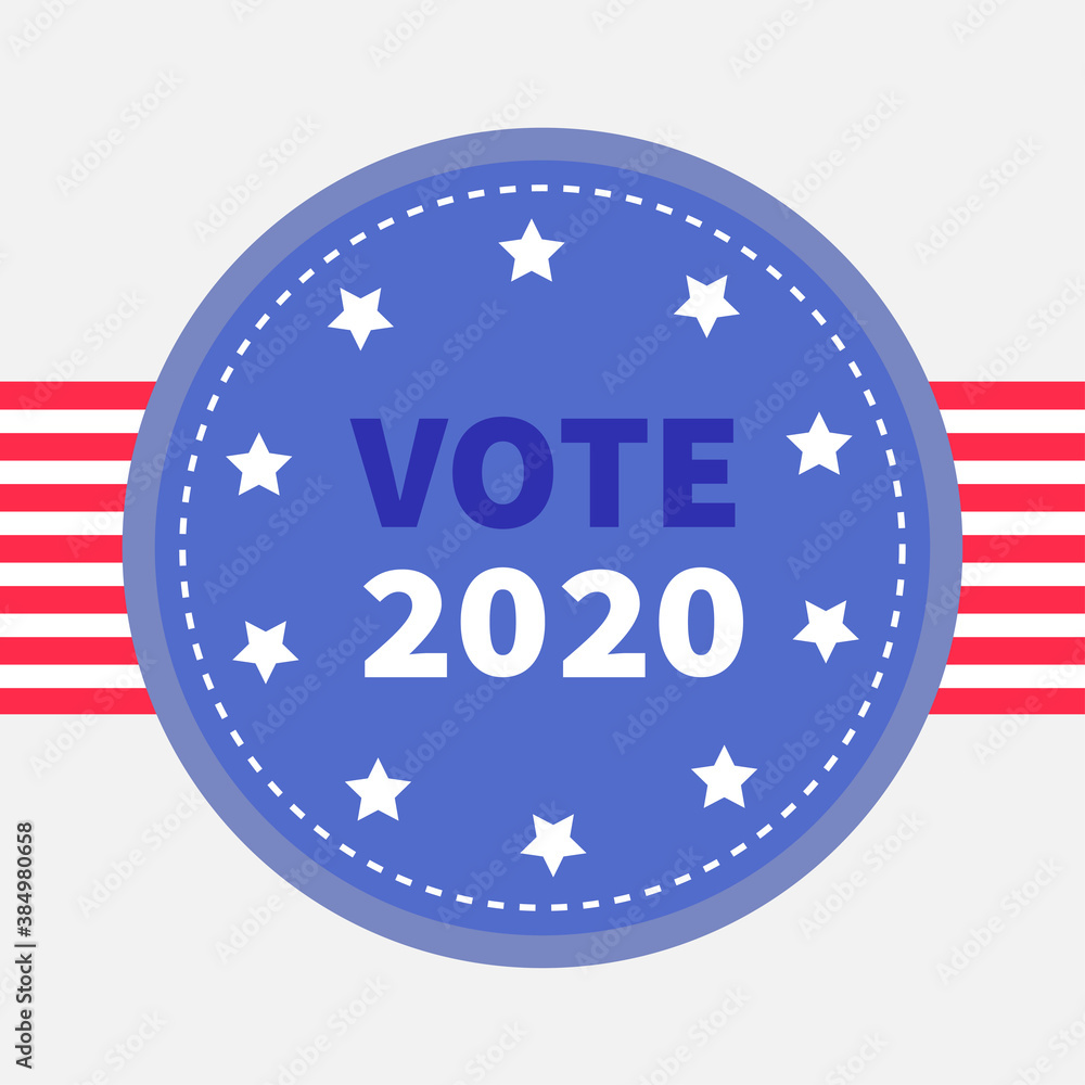 Vote 2020. Blue badge with striped ribbon. Award icon. Star and strip President election day. Voting concept. American flag. Invitation Card. Flat design. White background. Isolated. Vote 2020. Blue badge with striped ribbon. Award icon. Star and strip President election day. Voting concept. American flag. Invitation Card. Flat design. White background. Isolated.