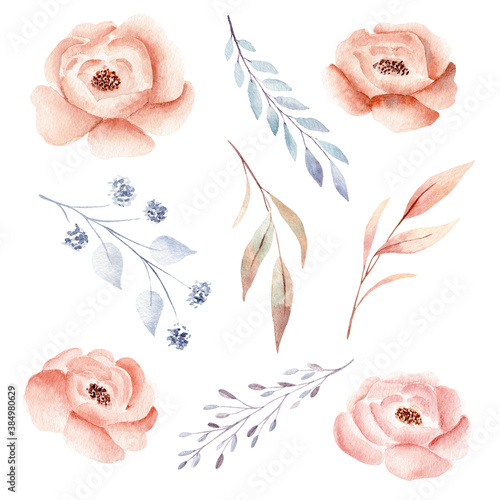 Obraz na płótnie Watercolor flower and branch leaves. Fall clipart. Hand drawn design elements. w salonie