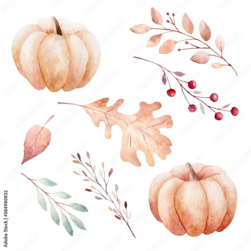 Watercolor fall pumpkins, leaves and berries isolated on white background. Clipart set of autumn elements.
