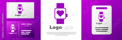 Logotype Smart watch showing heart beat rate icon isolated on white background. Fitness App concept. Logo design template element. Vector.