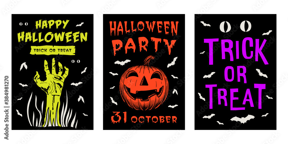 Halloween black poster card set letter a4 size. Happy halloween, party, trick or treat. Black background