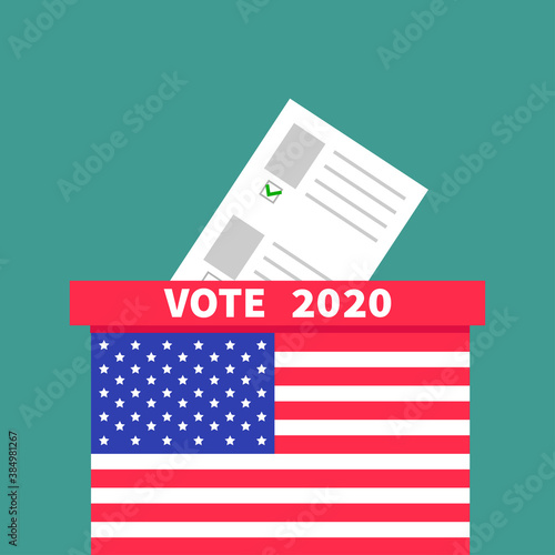 American flag Ballot Voting box with paper blank bulletin concept. Polling station. President election day. Vote 2020. Flat design Invitation Card Print. Green background.