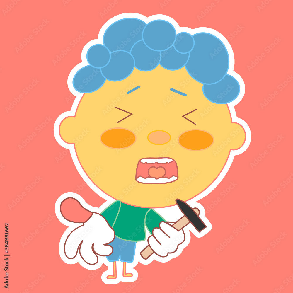emoticon with unfortunate guy that is feeling a real pain, man screaming after hurting himself by hitting his finger by a hammer, simplistic vector emoji in color emoticon with unfortunate guy that is feeling a real pain, man screaming after hurting himself by hitting his finger by a hammer, simplistic vector emoji in color