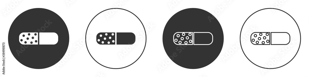 Black Vitamin complex of pill capsule icon isolated on white background. Healthy lifestyle. Circle button. Vector. Black Vitamin complex of pill capsule icon isolated on white background. Healthy lifestyle. Circle button. Vector.