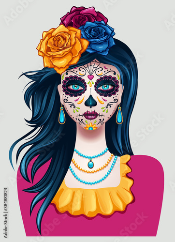 Dia De Los Muertos girl face painting, mexican holliday. Vector design