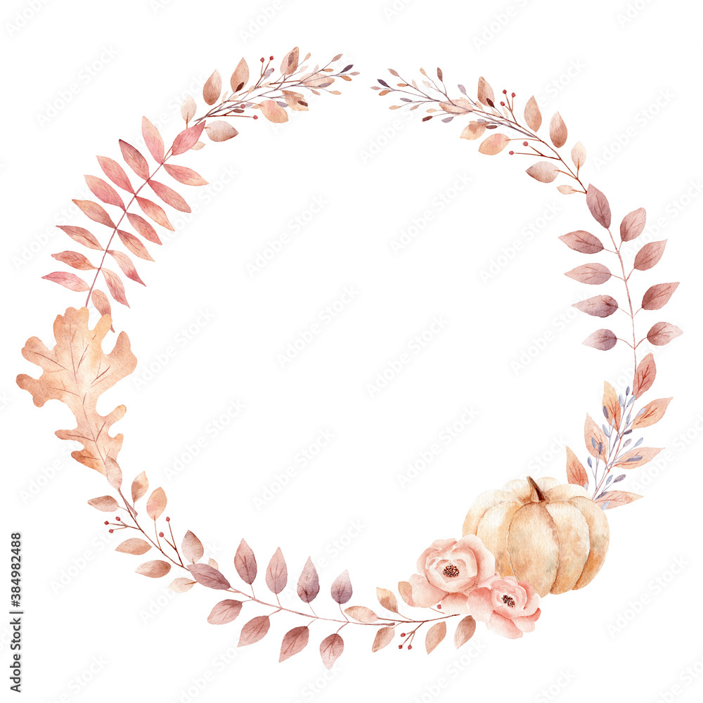 Hand painted fall wreath with orange leaves, pumpkin, flowers. Watercolor clipart.