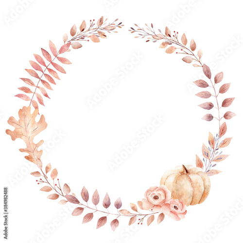 Obraz na płótnie Hand painted fall wreath with orange leaves, pumpkin, flowers. Watercolor clipart. w salonie