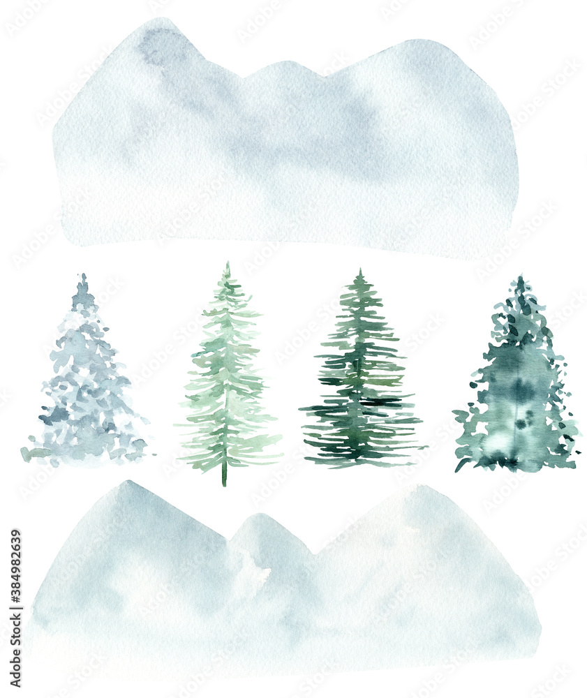 Watercolor pine trees and abstract woodland mountains isolated on white background.