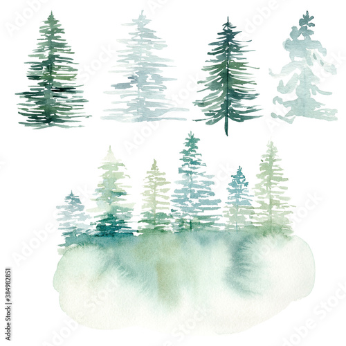 Obraz na płótnie Watercolor hand painted winter landscape with pine trees in the mountains. Christmas pine tree clipart. w salonie