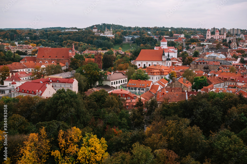 View from above of historic city center in Vilnius, Lithuania. Red roofs