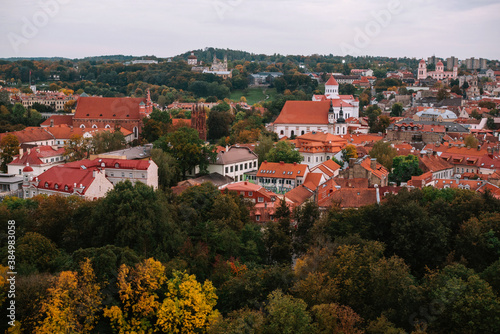 View from above of historic city center in Vilnius, Lithuania. Red roofs