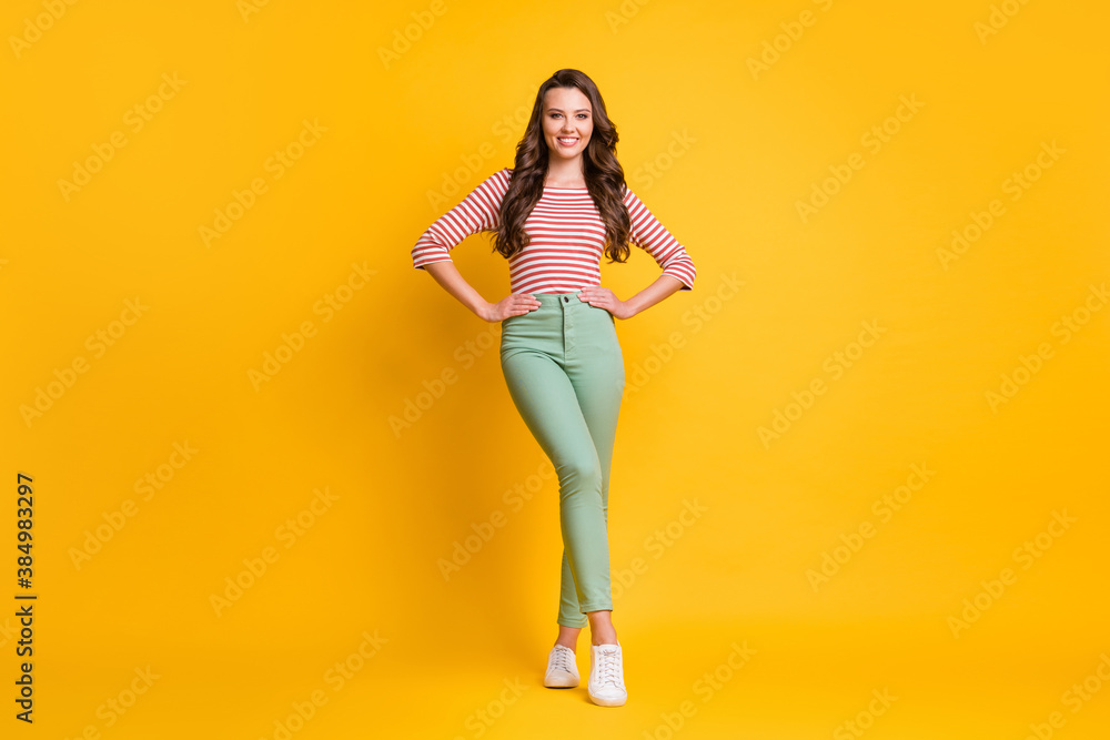 Full length body size photo of pretty girl with long hair wearing casual clothes smiling isolated on bright yellow color background Full length body size photo of pretty girl with long hair wearing casual clothes smiling isolated on bright yellow color background