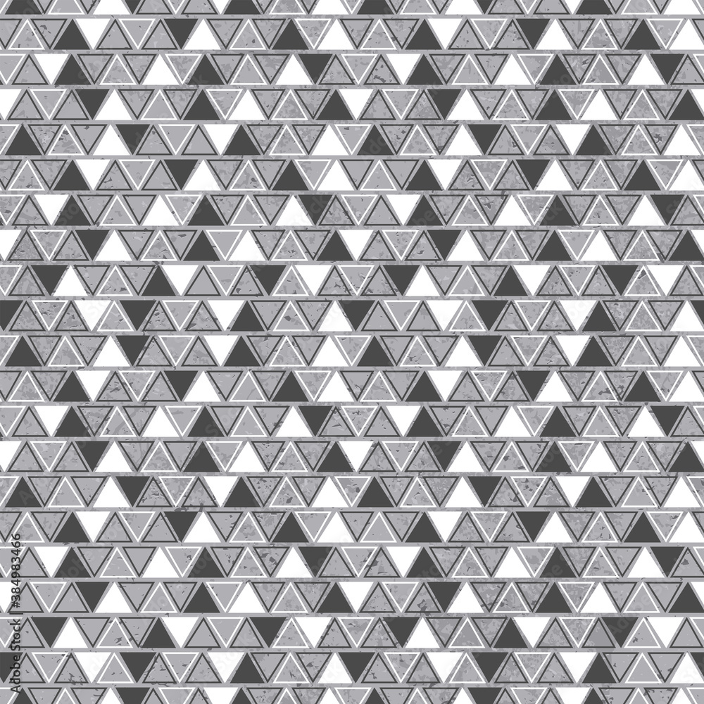 Triangle geometric seamless pattern on grunge texture. Black and white 
