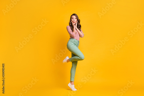 Full length body size photo of girl standing tiptoe amazed touching cheekbones isolated on bright yellow color background