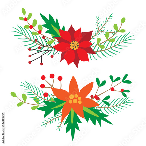 Vector illustration with Christmas floral designs with spruce branches, holly, poinsettia, and berries