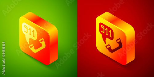 Isometric Telephone with emergency call 911 icon isolated on green and red background. Police, ambulance, fire department, call, phone. Square button. Vector.