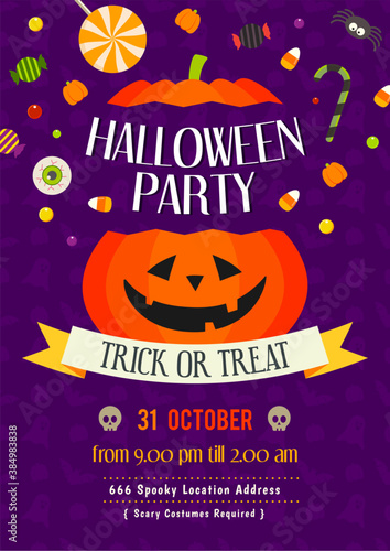 Halloween party, trick or treat flyer invitation vector illustration. Halloween candy with big pumpkin bucket poster design