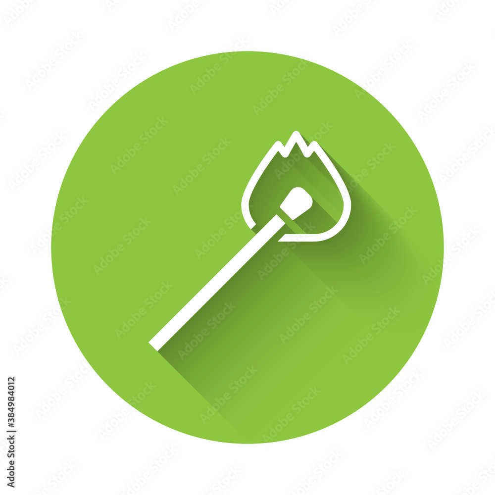 White Burning match with fire icon isolated with long shadow. Match with fire. Matches sign. Green circle button. Vector. White Burning match with fire icon isolated with long shadow. Match with fire. Matches sign. Green circle button. Vector.