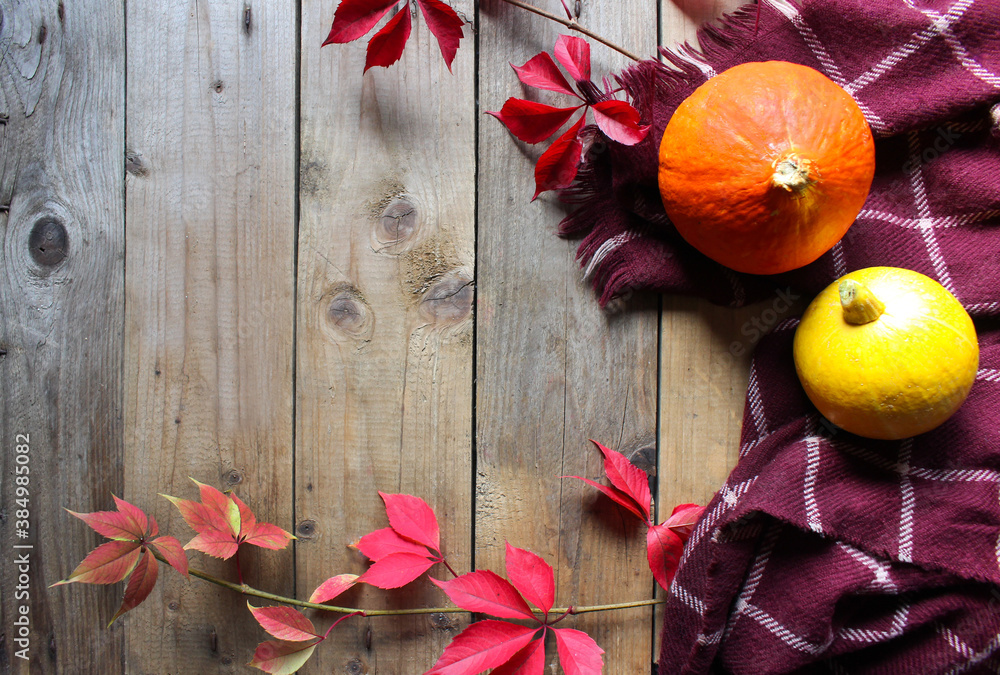 Autumn leaves on wooden background, fall leaf frame with rose hips, red berries and pumpkin. Autumn leaves on wooden background, fall leaf frame with rose hips, red berries and pumpkin.
