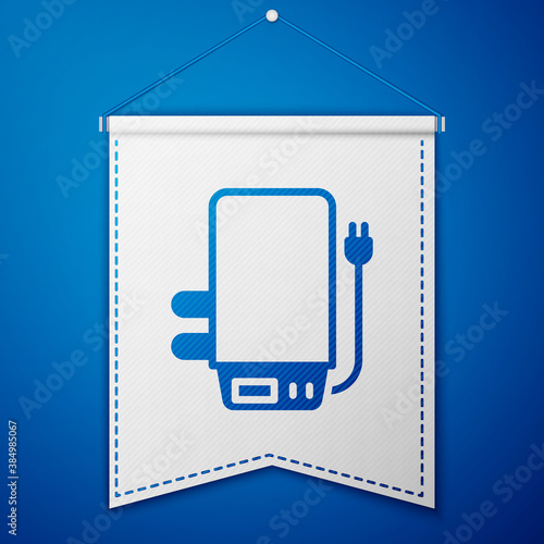 Blue Electric boiler for heating water icon isolated on blue background. White pennant template. Vector.