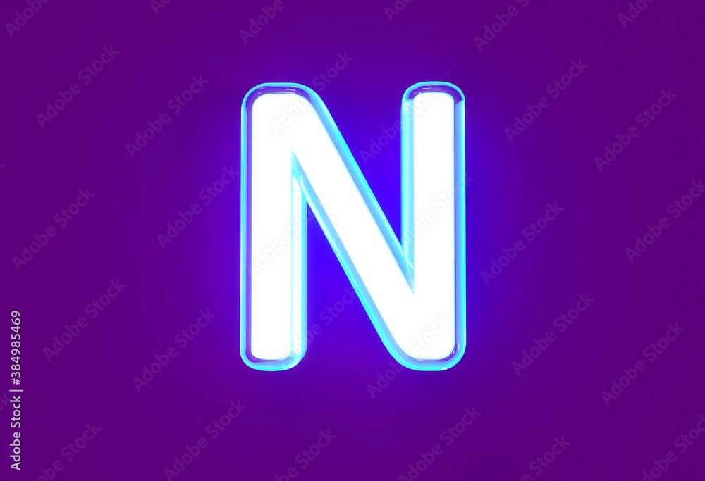 White glossy neon light blue glow alphabet - letter N isolated on purple, 3D illustration of symbols White glossy neon light blue glow alphabet - letter N isolated on purple, 3D illustration of symbols