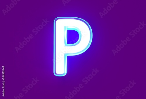 White glossy neon light blue glow alphabet - letter P isolated on purple background  3D illustration of symbols