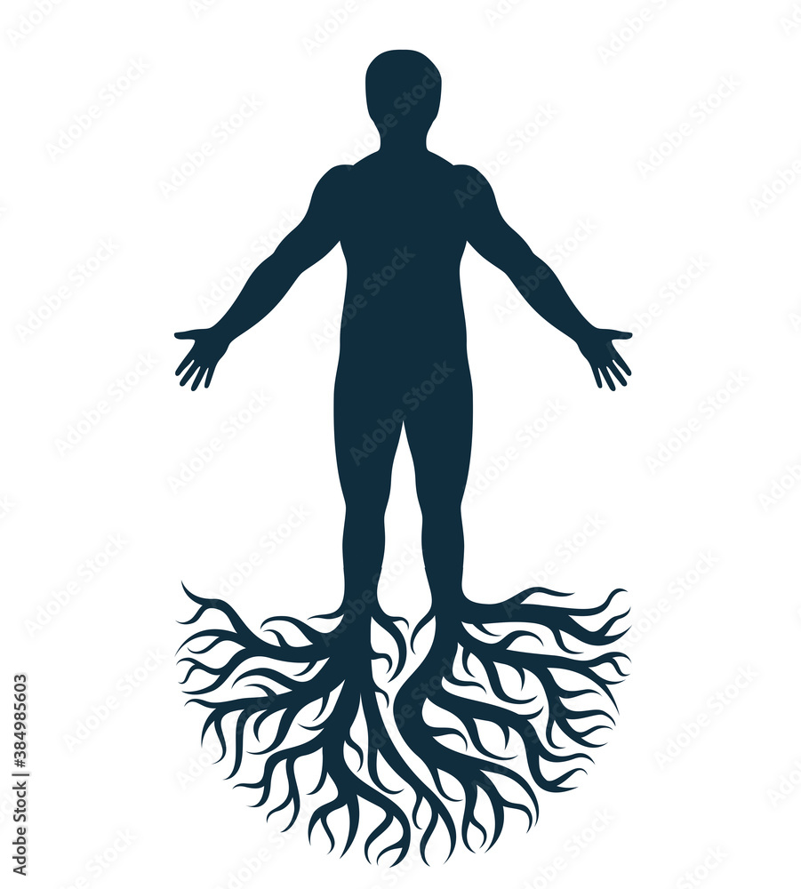 Vector art graphic illustration of strong male, body silhouette created using tree roots. Slavic ancient pagan god metaphor.