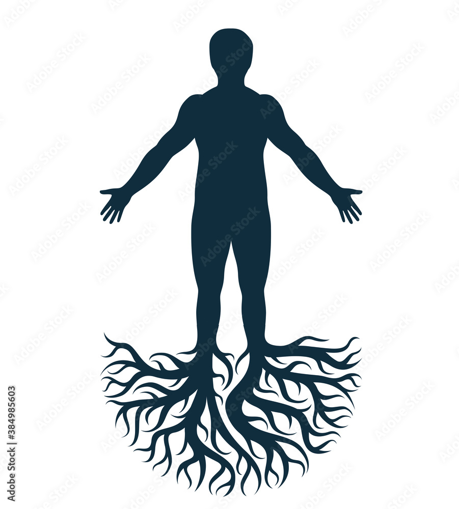 Vector art graphic illustration of strong male, body silhouette created using tree roots. Slavic ancient pagan god metaphor. Vector art graphic illustration of strong male, body silhouette created using tree roots. Slavic ancient pagan god metaphor.