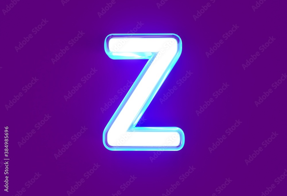 White shine neon light blue glow font - letter Z isolated on purple background, 3D illustration of symbols White shine neon light blue glow font - letter Z isolated on purple background, 3D illustration of symbols