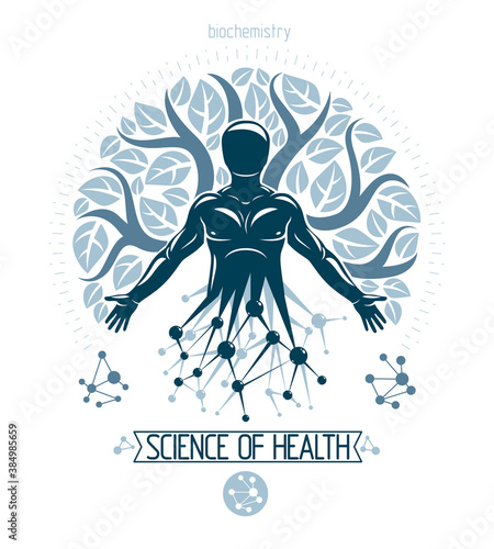 Vector individual, mystic character deriving from the futuristic molecular connections and created with eco tree leaves. Recycling and reuse concept, renewable resources idea.