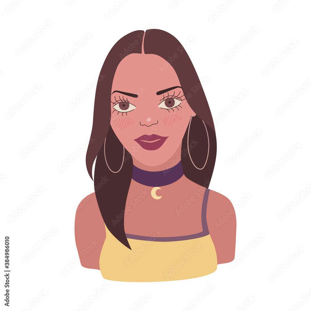 Vector illustration of young woman. Fashionable and stylish european girl with brown hair. Isolated character, avatar. Youth lifestyle. Vector illustration of young woman. Fashionable and stylish european girl with brown hair. Isolated character, avatar. Youth lifestyle.