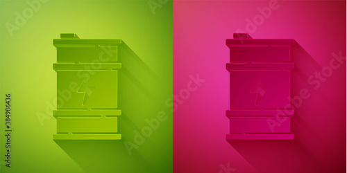 Paper cut Bio fuel barrel icon isolated on green and pink background. Eco bio and canister. Green environment and recycle. Paper art style. Vector.