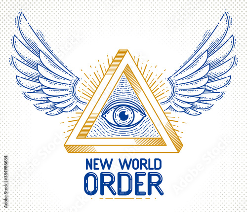 All seeing eye of god in sacred geometry triangle with bird wings of falcon or angel, masonry and illuminati symbol, vector logo or emblem design element. photo