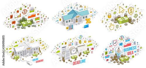 Different finance concepts illustrations 3D vector set isolated on white background, business and money conceptual designs collection, savings, bank, contract, income, safety, online.