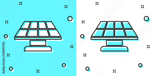 Black line Solar energy panel icon isolated on green and white background. Random dynamic shapes. Vector.