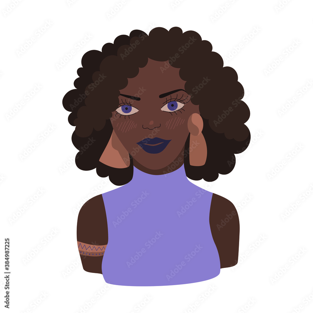 Obraz premium Vector illustration of young woman. Fashionable and stylish afro american girl. Isolated character, avatar. Youth lifestyle. 