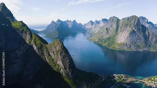 Flying above Kirkefjord and Reine village on Lofoten islands