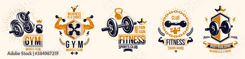 Gym fitness sport emblems and logos vector set isolated with barbells dumbbells kettlebells and muscle body man silhouettes and hands, athletics workout sport club, active lifestyle.