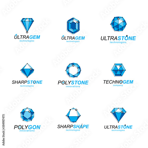 3d vector digital wireframe objects created with lines mesh. Low poly shapes collection, lattice forms. Set of gemstone icons. Graphic design.