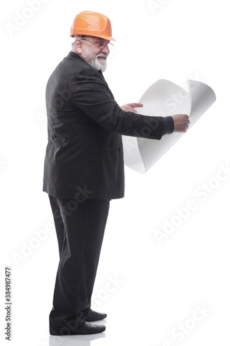 Mature successful architect with a roll of drawings. isolated on a white